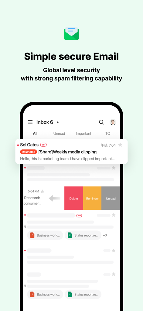LINE WORKS: Team Communication - A mobile interface of the LINE WORKS email feature showing an organized inbox with swipe actions like delete and reminder