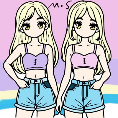 two sisters with crop tops and jean shorts and straight hair
