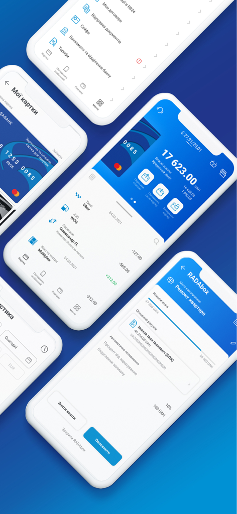 RB24 - RB24モバイルバンキングアプリの複数の画面。ウクライナ語での口座残高、取引履歴、貯蓄目標が表示されています。