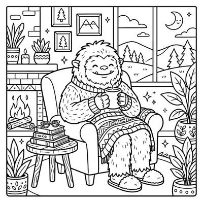 Snuggle up with this charming coloring page featuring a friendly Yeti enjoying a peaceful weekend by the fireplace. It's the perfect activity for kids who love imaginative creatures and cozy scenes.