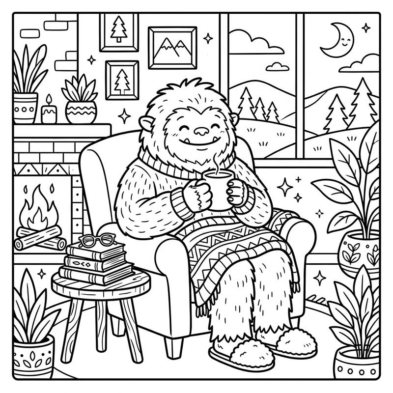Snuggle up with this charming coloring page featuring a friendly Yeti enjoying a peaceful weekend by the fireplace. It's the perfect activity for kids who love imaginative creatures and cozy scenes.
