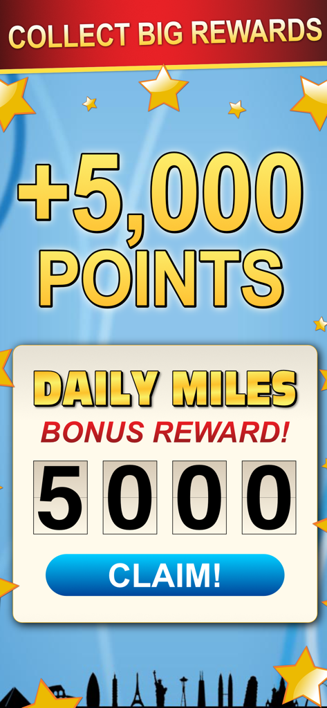 Word Search World Traveler - Daily miles bonus reward screen showing 5000 points in the Word Search World Traveler mobile game