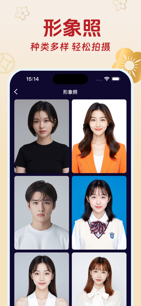 扣子和包子是豆宝 - 布鲁 - Una interfaz de aplicación móvil que muestra una variedad de fotos de retratos profesionales y de estilo de vida generadas por IA para hombres y mujeres.