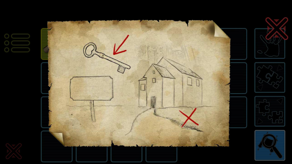 Can You Escape Rescue Girl's Soul? - Impossible Room Escape Challenge - A hand drawn map on old parchment showing a house and a key clue for an escape room puzzle