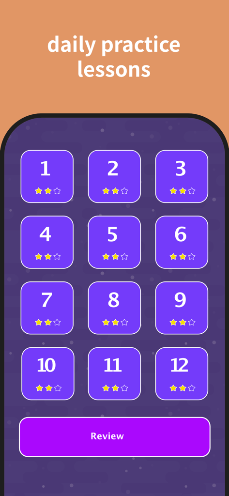 Korean Games: Infinite - Interface showing a grid of twelve numbered daily practice lessons with star progress indicators in the Korean Games Infinite app