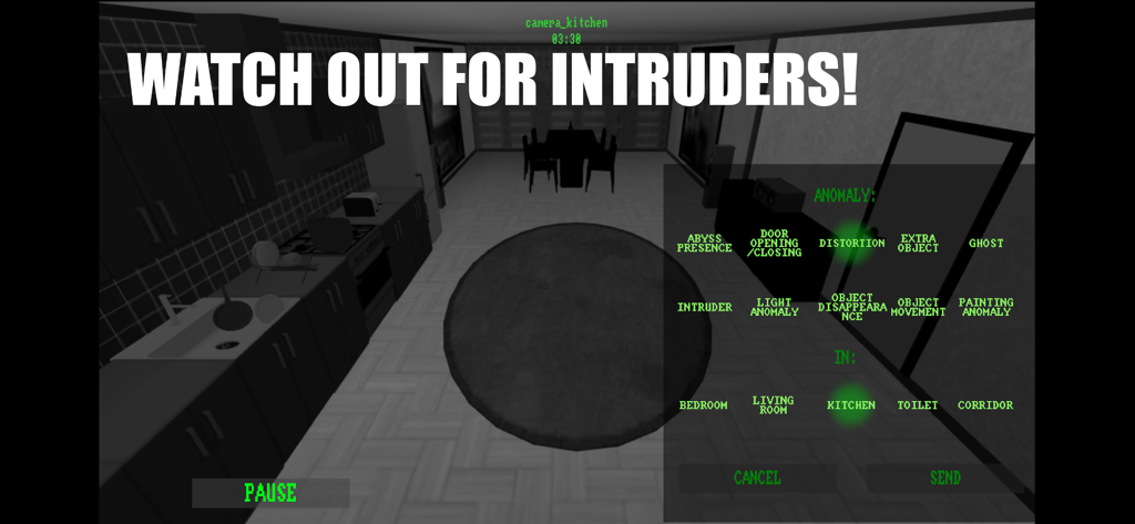 I'm on Observation Duty 게임 플레이, 주방 감시 및 이상 현상 보고 메뉴 표시