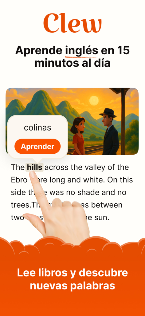 Clew: aprende inglés leyendo - Clew app interface showing English text and a Spanish translation of the word hills