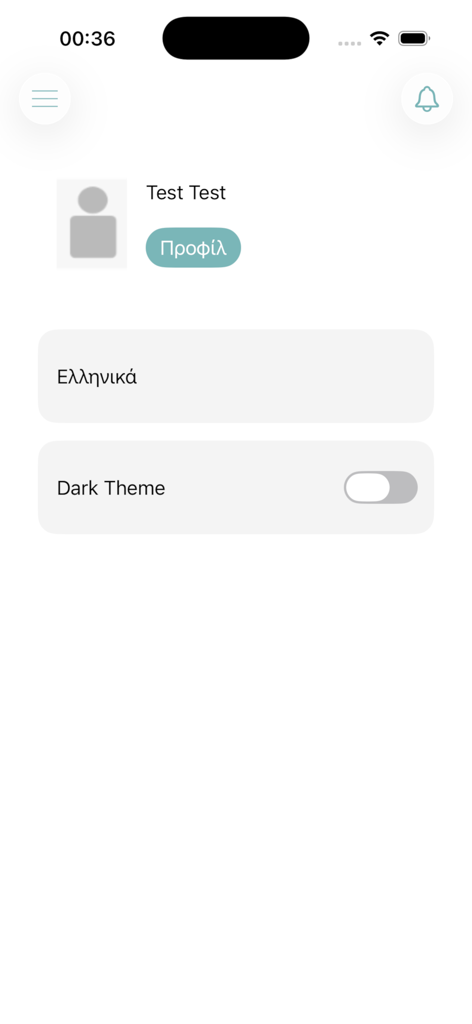 RT Pulse App Benutzerprofil- und Einstellungsbildschirm mit Dunkelmodus-Umschalter