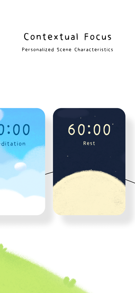 Cat Flow - Kitty Focus Timer - Cat Flow app interface displaying personalized focus scenes for meditation and rest