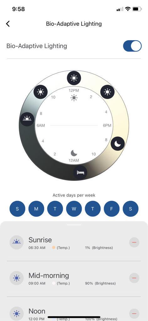 Sylvania Smart WiFi app interface showing the bio-adaptive lighting schedule for circadian rhythm management