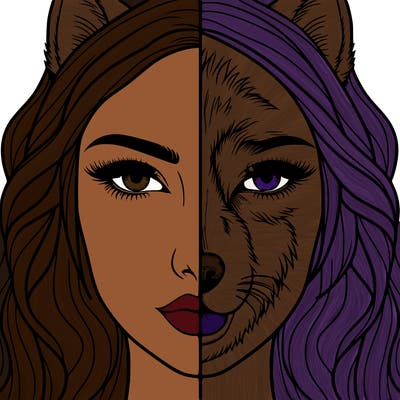split face realistic woman and wolf
