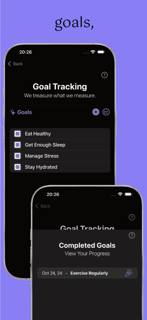 Telas de acompanhamento de metas do aplicativo BariGood mostrando metas de saúde como comer de forma saudável e manter-se hidratado com um registro de metas concluídas
