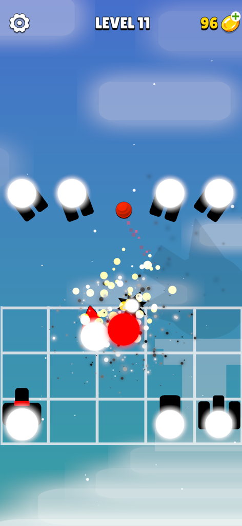 Gameplay screenshot of Fighter Merge showing circular units in a grid based battle at level 11