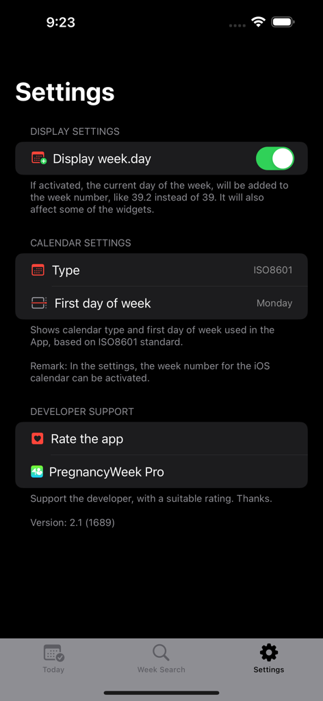 表示およびカレンダー構成オプションを示すWeek Number Proアプリの設定画面