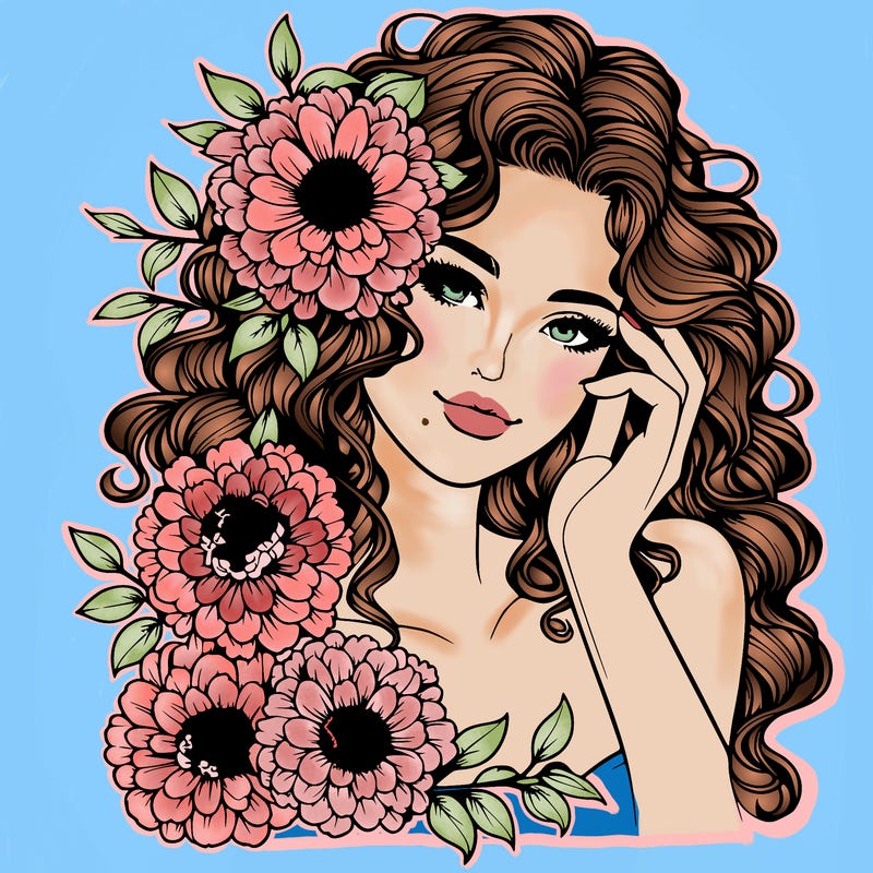 beautiful woman with flowers in curly hair realistic