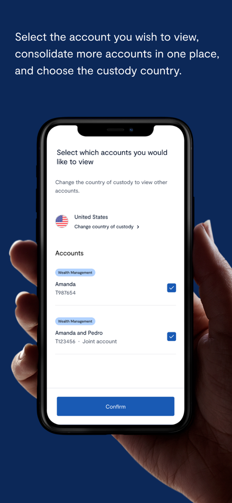BTG Pactual Global - Interface do aplicativo BTG Pactual Global para selecionar e consolidar contas de gestão de patrimônio internacional