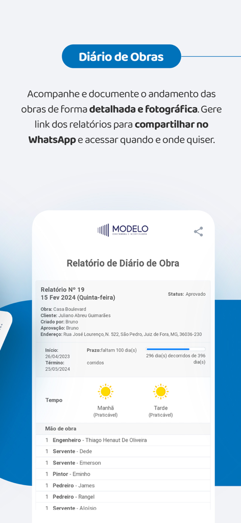 Mais Controle App interface showing a detailed construction daily work report with labor tracking and project progress