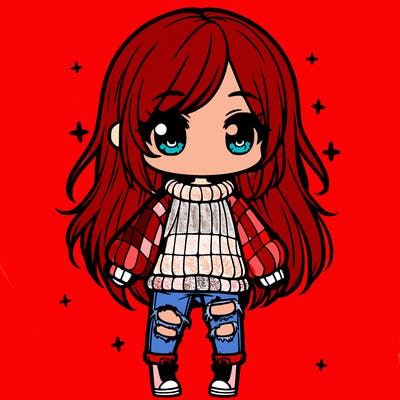 chibi girl with ripped jeans,long hair, and an oversized sweater