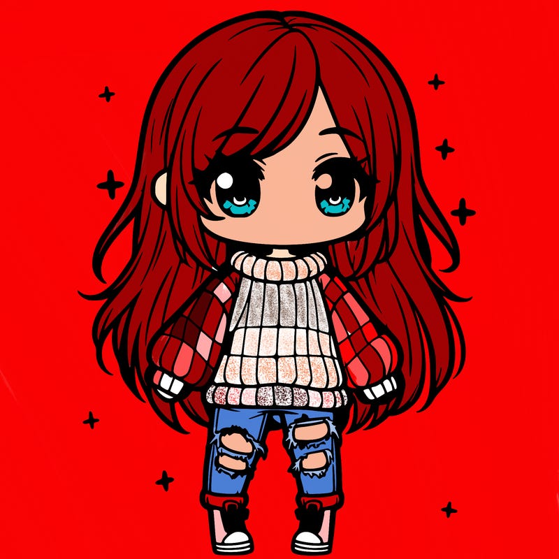 chibi girl with ripped jeans,long hair, and an oversized sweater