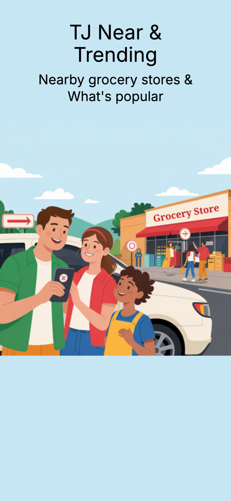 A family using a mobile app to find trending items at a local grocery store.