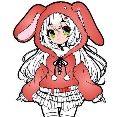 pretty anime girl wearing a fluffy hoodie with bunny ears on the hood and a skirt