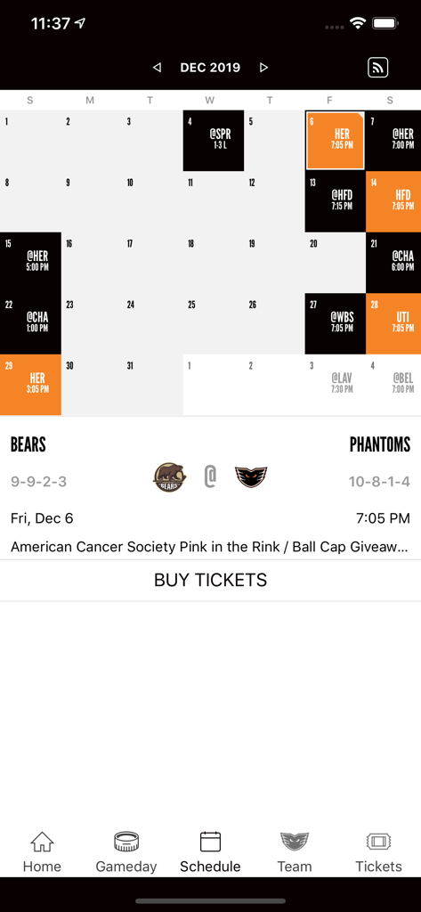 Phantoms365 - Lehigh Valley Phantoms app schedule calendar showing upcoming hockey games