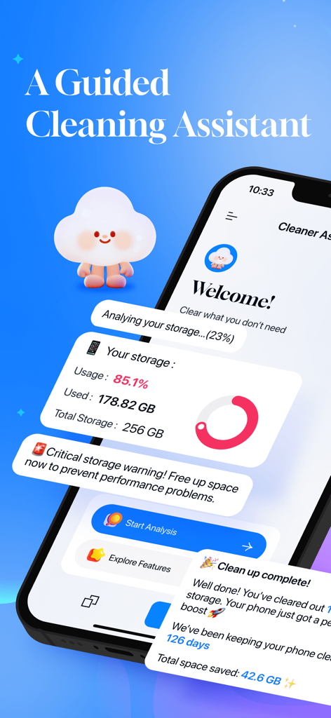 Interfaz de la aplicación Cleaner Assistant que muestra el análisis de uso de almacenamiento y una advertencia crítica de almacenamiento.