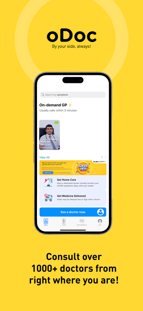 Screenshot of oDoc app showing options to consult doctors online and order medicine.