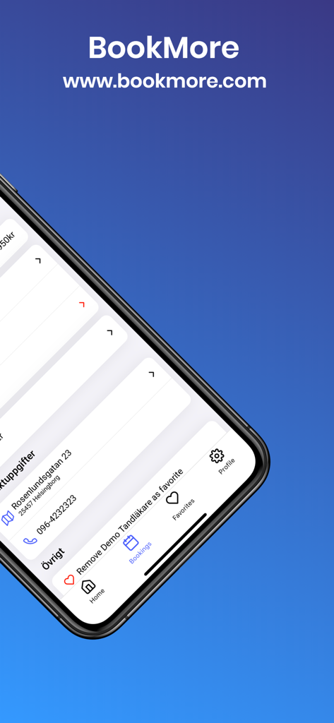 BookMore - Smartphone screen displaying BookMore app with service contact information and navigation bar