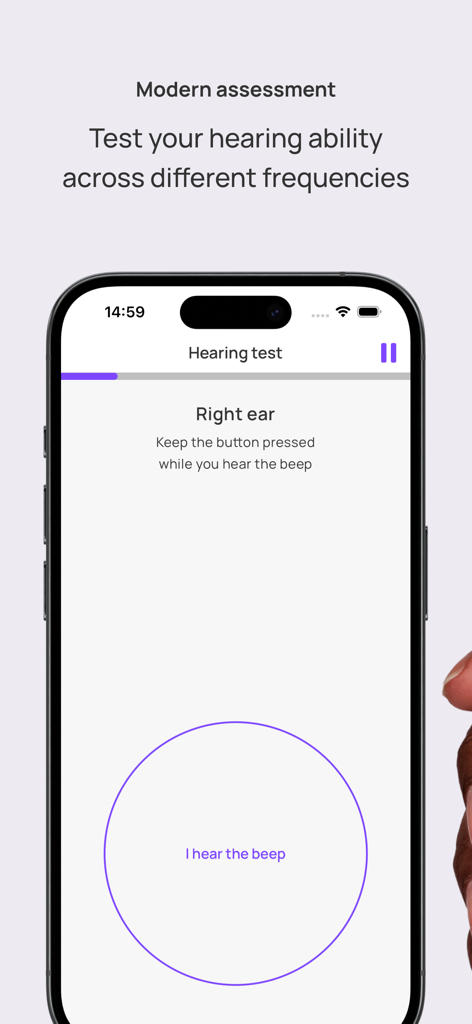 Mimi Hearing Test app interface showing a frequency assessment for the right ear