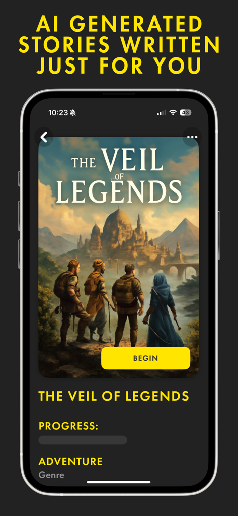 Noval: AI Story Creator - Noval AI Story Creator app interface showing an AI generated adventure book titled The Veil of Legends