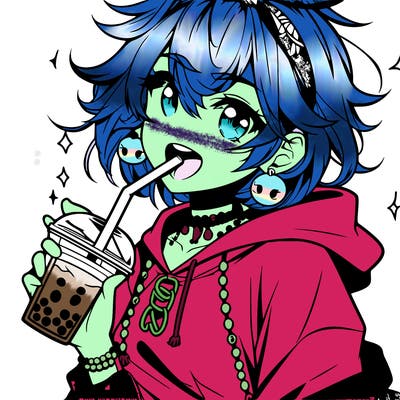 hot baddie anime girl drinking boba and biting the straw