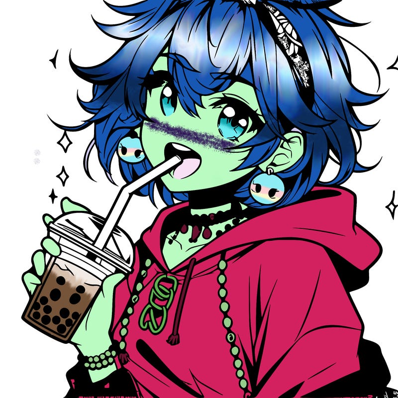 hot baddie anime girl drinking boba and biting the straw