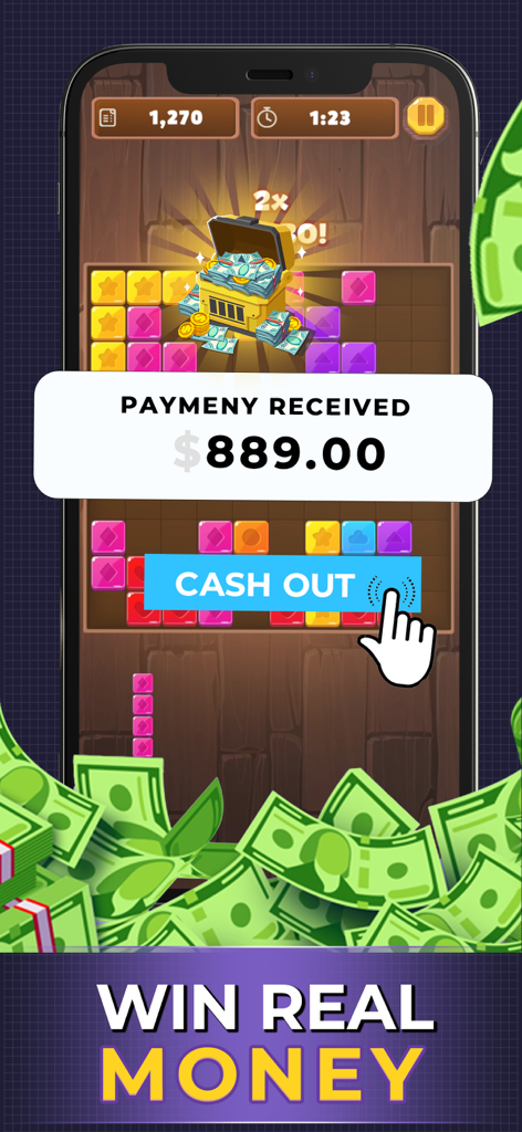 Block Puzzle: Win Real Money! - A mobile screen showing a block puzzle game with a payment received notification and a hand clicking a cash out button