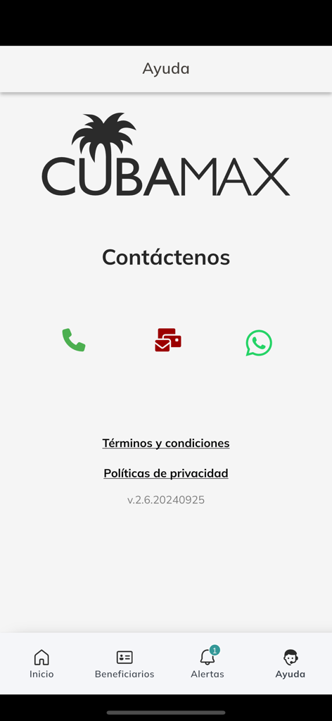 CubaMax - CubaMax app help page with contact icons for phone email and whatsapp