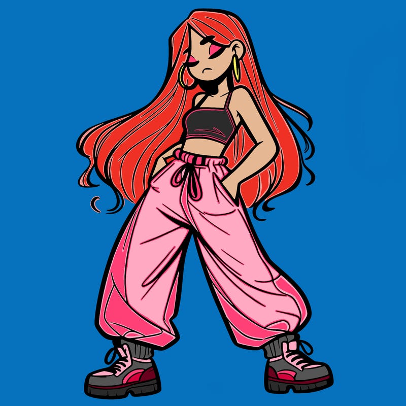 girl in baggy pants crop top and long hair