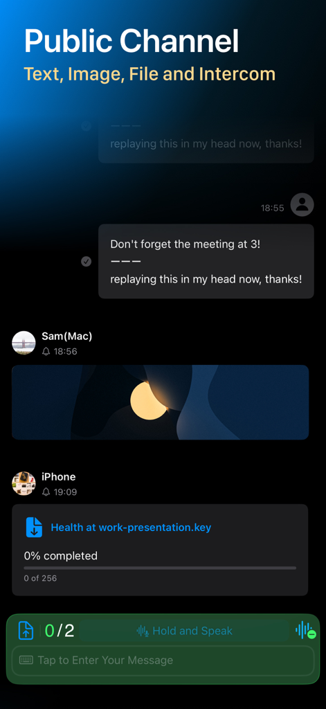 SynapNet - Offline Messenger - Interface of the SynapNet app showing a public channel with text messages image sharing and a file transfer progress bar