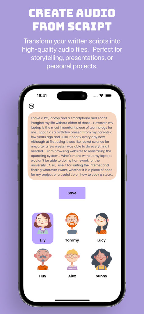 Stube : Podcast & Saver` - Captura de pantalla de la aplicación Stube que muestra la interfaz para convertir guiones de texto en audio usando diferentes voces de personajes.