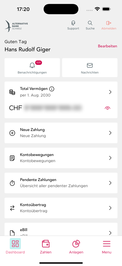 Painel do aplicativo móvel ABS Banking Neu com visão geral da conta e opções de pagamento