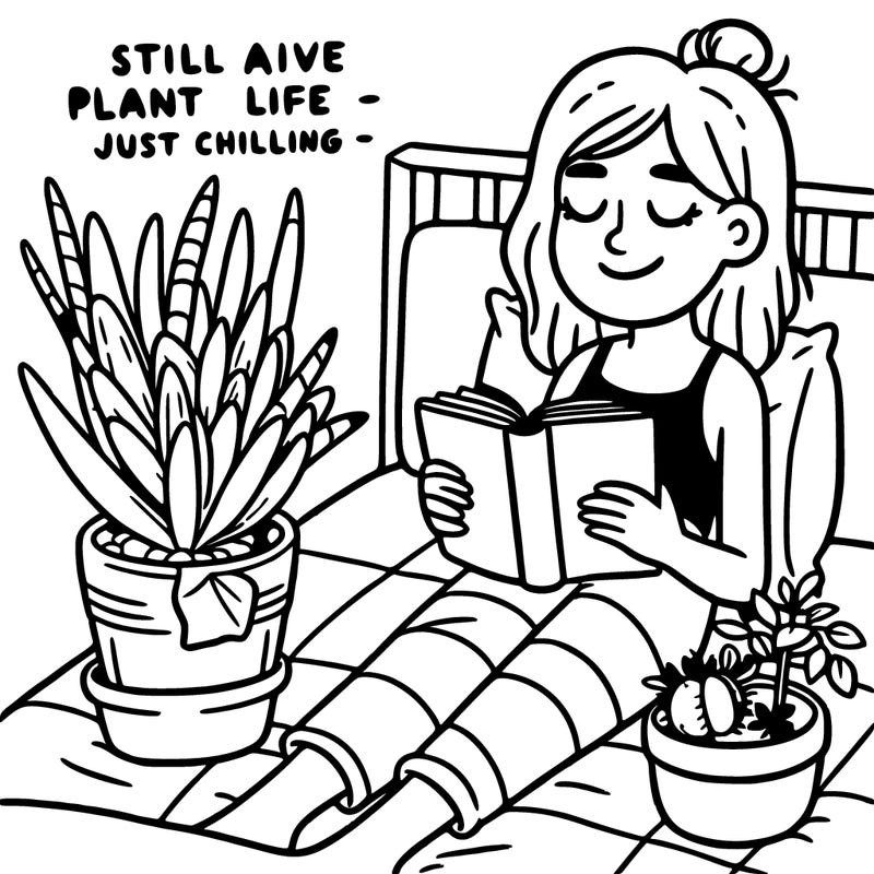 still alive plant life just chilling, girl reading book on bed