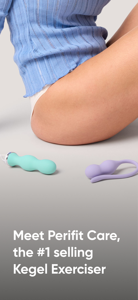 Zwei Perifit Care Beckenbodentrainingsgeräte in den Farben Teal und Lila, die neben einer auf dem Boden sitzenden Frau abgebildet sind.