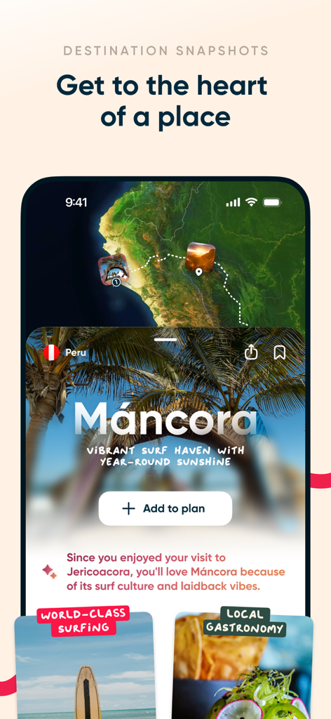 Polarsteps app interface showing a travel guide for Mancora Peru with a map and recommendations.