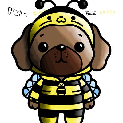 a dog with a bee onesie