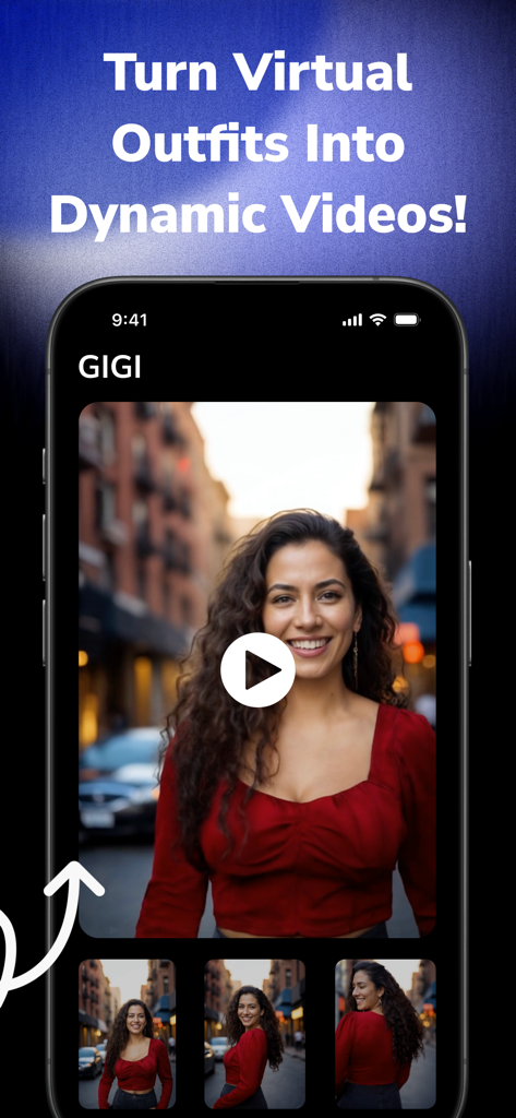 AI Virtual Try On - GIGI - GIGI app interface showing a virtual try-on outfit transformed into a dynamic video