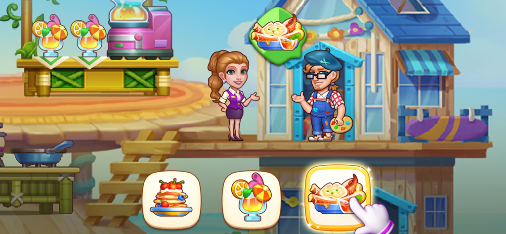 Hotel Fever Tycoon - Un miembro del personal del hotel sirviendo un pedido de comida a un huésped en un resort con temática de playa