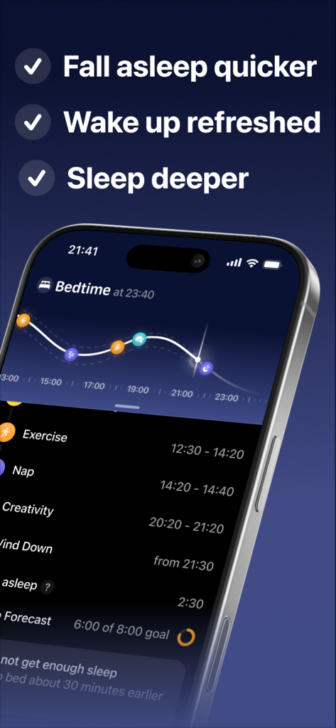 Peaks: Sleep & Energy - Interfaz de la aplicación Peaks que muestra los niveles de energía circadiana y el horario de actividad diario en una pantalla de iPhone