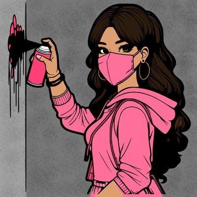 realistic girl with mask spray painting a wall