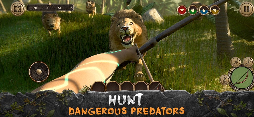 Survival Island: EVO Adventure - Aus der Ich-Perspektive zielt ein Spieler mit einem Bogen auf einen knurrenden Löwen in einer Survival-Spielumgebung.