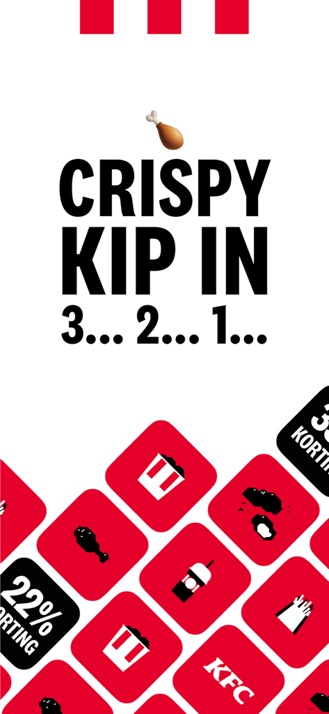 KFC Nederland - Pantalla promocional de la app de KFC Países Bajos con el texto Crispy Kip en 3 2 1 con varios iconos de comida y ofertas de descuento