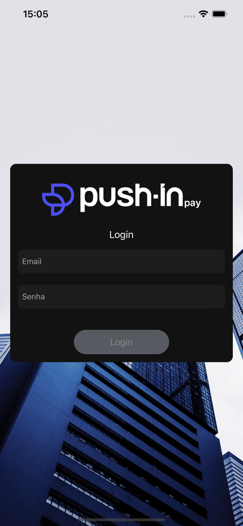 PushinPay - Login screen of the PushinPay finance app with email and password fields over a cityscape background